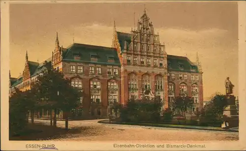 Ansichtskarte Essen (Ruhr) Eisenbahn-Direktion und Bismarck-Denkmal. 1926