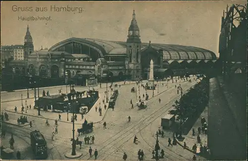 Ansichtskarte Hamburg Hauptbahnhof, Straßenbahn 1915