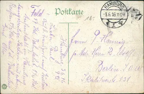 Ansichtskarte Hamburg Hauptbahnhof 1916  gel. Feldpost