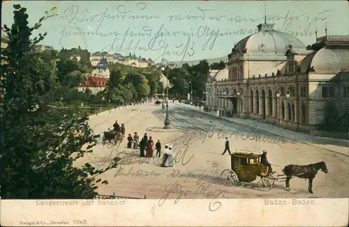 Ansichtskarte Baden-Baden Langestrasse und Bahnhof 1906