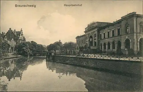 Ansichtskarte Braunschweig Flußpartie - Bahnhof 1916