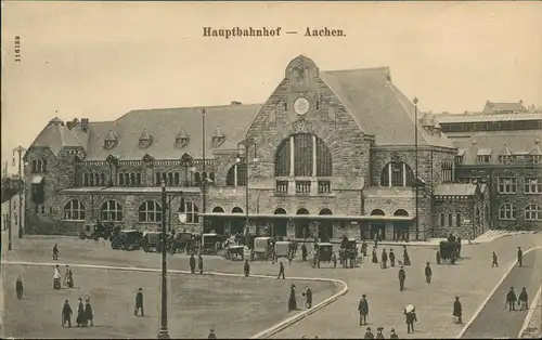 Ansichtskarte Aachen Hauptbahnhof, Autos 1915