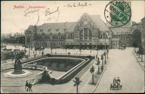Ansichtskarte Aachen Hauptbahnhof, Straßenbahn 1908