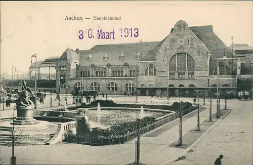 Ansichtskarte Aachen Hauptbahnhof und Denkmal 1913