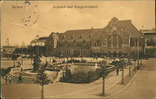 Ansichtskarte Aachen Hauptbahnhof 1914  gel. Feldpost