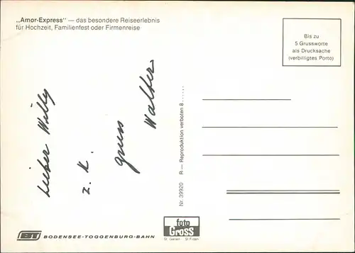 Ansichtskarte  BODENSEE-TOGGENBURG-BAHN Mehrbildkarte "Amor-Express" 1970