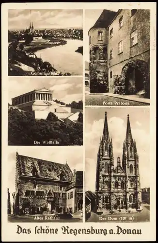 Ansichtskarte Regensburg Mehrbild-AK mit Rathaus, Dom, Walhalla uvm. 1949