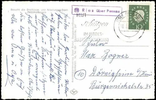 Ansichtskarte Passau Stadt 1960  gel. Landpoststempel Ries