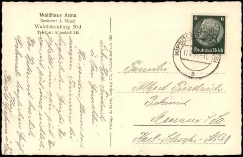 Waldbärenburg-Altenberg (Erzgebirge)  Waldbärenburg Osterzgebirge   1941