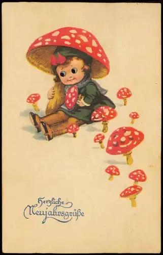 Ansichtskarte  Neujahr Sylvester New Year Glückspilz Kind mit Pilzen 1924