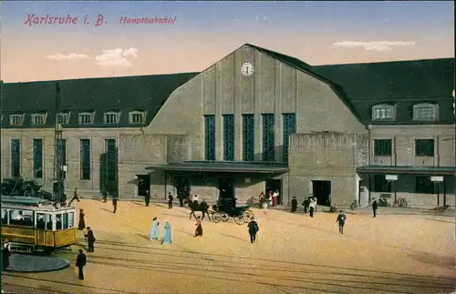 Ansichtskarte Karlsruhe Bahnhof (Hauptbahnhof), Straßenbahn 1914