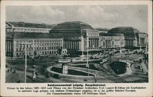 Ansichtskarte Leipzig Hauptbahnhof mit Straßenbahn 1950