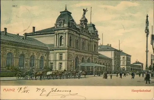 Ansichtskarte Mainz Bahnhof, Kutschen 1905