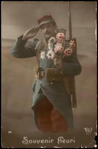 .Frankreich Patriotika France Soldat mit Blumen Fleurs Militaria 1914