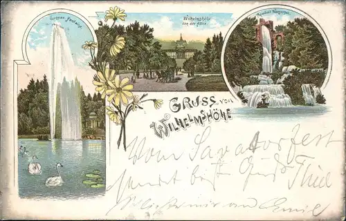 Litho AK Bad Wilhelmshöhe-Kassel Fontaine, Allee, Wasserfall Gruss aus 1898