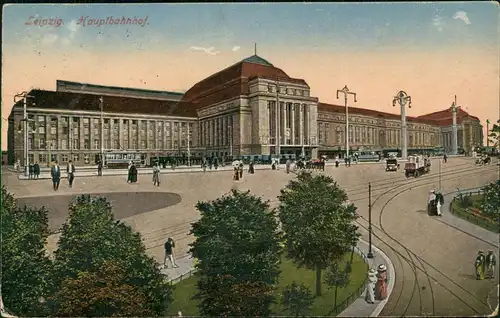 Ansichtskarte Leipzig Hauptbahnhof, Vorplatz 1915