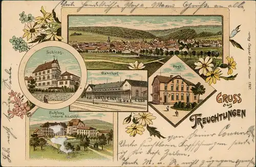 Ansichtskarte Litho AK Treuchtlingen Gruss aus... Bahnhof, Schloss, Post 1899