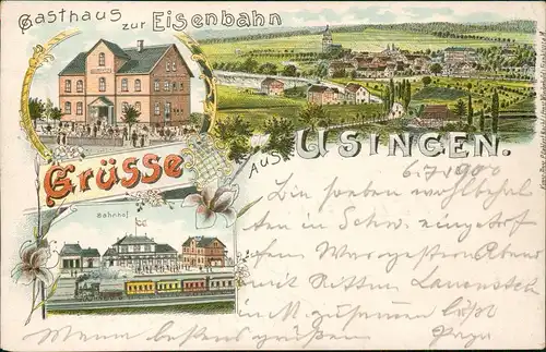 Ansichtskarte Litho AK Usingen (Taunus) Gruss aus... Bahnhof, Gasthof 1900