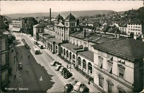 Ansichtskarte Winterthur Bahnhof, Straße 1956