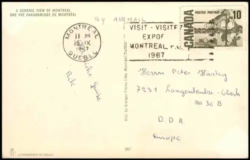 Postcard Montreal GENERAL VIEW, VUE PANORAMIQUE, Stadt-Panorama 1967