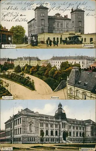 Ansichtskarte Zwickau 3 Bild: Bahnhof, Kaserne 1915