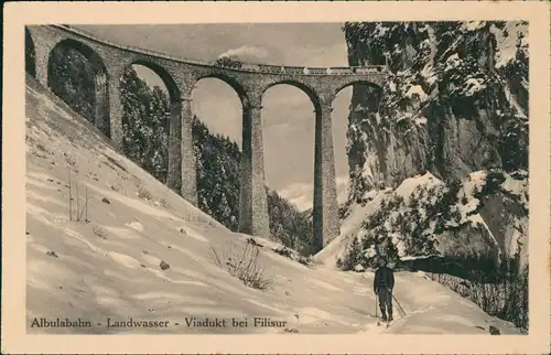 .Graubünden Albulabahn Landwasser- Viadukt bei Filisur Dampflok Skiläufer 1928