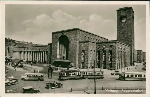 Ansichtskarte Stuttgart Hauptbahnhof Verkehr Autos Bus Tram Straßenbahn 1938