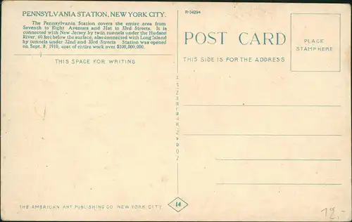 Postcard New York City Bahnhof Pennsylvania Station 1915