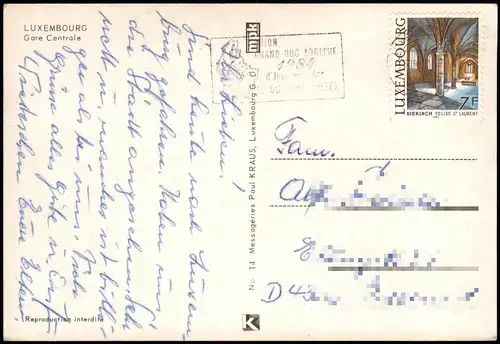 Postcard Luxemburg Hauptbahnhof Gare Centrale 1984