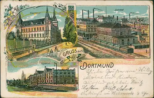 Ansichtskarte Litho AK Dortmund Bahnhof, Post, Hafen 1899