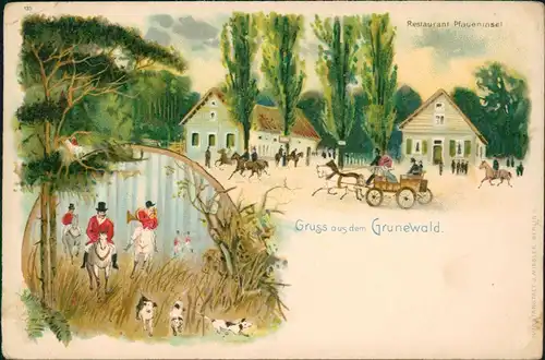 Grunewald-Berlin Litho AK 2 Bild Restaurant Pfaueninsel Jagd 1907