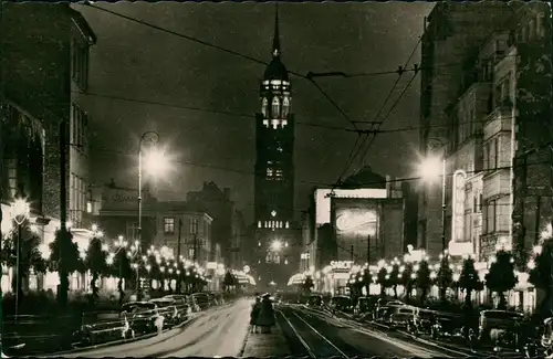 Ansichtskarte Krefeld Crefeld Rheinstraße bei Nacht, Beleuchtung 1957