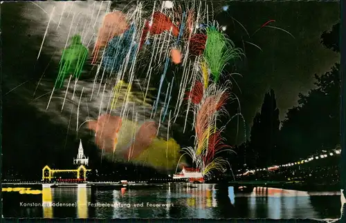 Ansichtskarte Konstanz Festbeleuchtung und Feuerwerk bei Nacht 1961