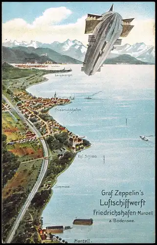 Ansichtskarte Manzell-Friedrichshafen Flugwesen - Zeppelin Künstlerkarte 1908