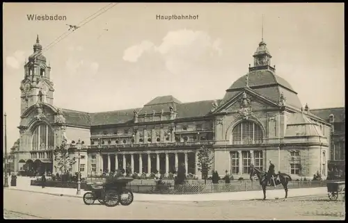Ansichtskarte Wiesbaden Hauptbahnhof, Kutsche 1909