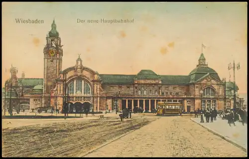 Ansichtskarte Wiesbaden Hauptbahnhof, Straße - Straßenbahn 1912