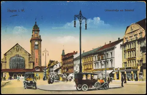 Ansichtskarte Hagen (Westfalen) Cölnerstraße am Bahnhof, Autos 1920