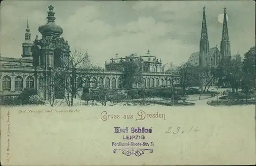 Innere Altstadt-Dresden Dresdner Zwinger Sophienkirche Mondscheinlitho 1899