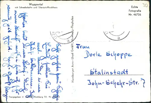 Ansichtskarte Wuppertal Luftbild mit Schwebebahn und Glanzstoffhochhaus 1966