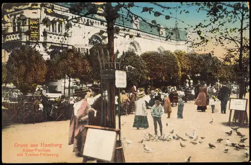 Ansichtskarte Hamburg Alsterpavillon mit Tauben-Fütterung 1913