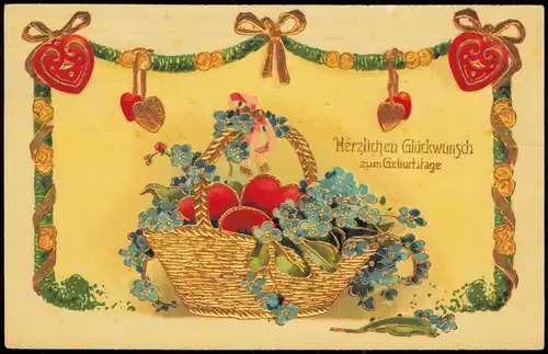 Glückwunsch Geburtstag Birthday Korb mit Feilchen 1915 Goldrand