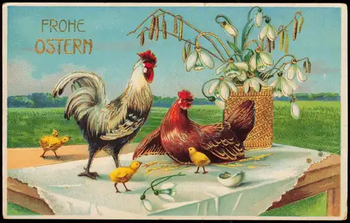 Glückwunsch Ostern / Easter Hähne und Küken auf Tisch 1914 Goldrand