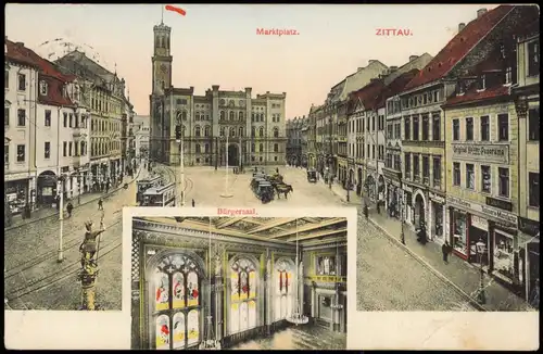 Ansichtskarte Zittau Marktplatz und Bürgersaal 2 Bild 1908