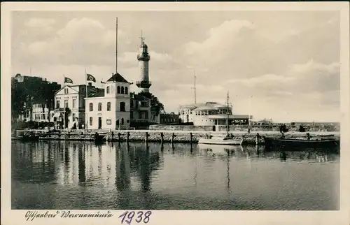 Ansichtskarte Warnemünde-Rostock Blick von der Mole zum Leuchtturm 1938
