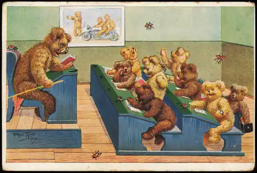 Tiere als Menschen (Künstlerkarten) Andromorphische Karten Bären Schule 1929