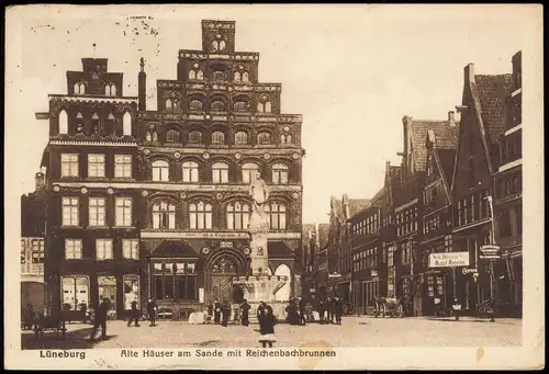 Ansichtskarte Lüneburg Alte Häuser am Sande mit Reichenbachbrunnen 1927