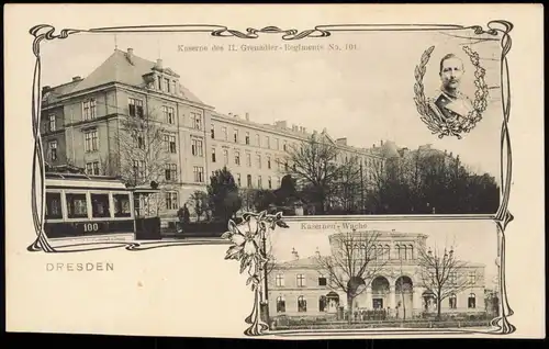 Albertstadt-Dresden 2 Bild Kaserne des II, Grenadier Straßenbahn Linie 100 1907