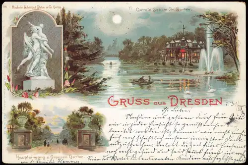 Litho Ansichtskarte Dresden Großer Garten, Carolasee bei Mondschein 1899