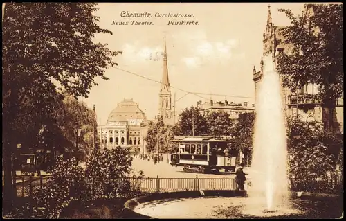 Ansichtskarte Chemnitz Straßenbahn, Straße Petrikirche 1910/1911