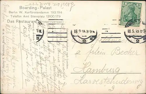 Ansichtskarte Charlottenburg-Berlin Boarding-Palast Kronprinzensaal 1913